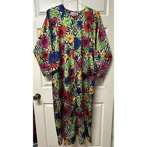 Winlair Sz L MUUMUU Bright Multicolor Neon Maxi Dress Caftan w/ Pockets 1/4 Zip